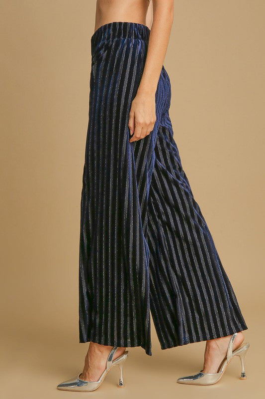 Umgee Full Size Elastic Waist Striped Wide Leg Velvet Pants - AMIN Clothing 