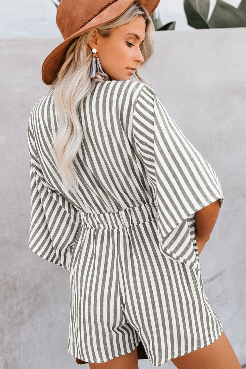 Bow Striped Kimono Sleeve Romper - AMIN Clothing 