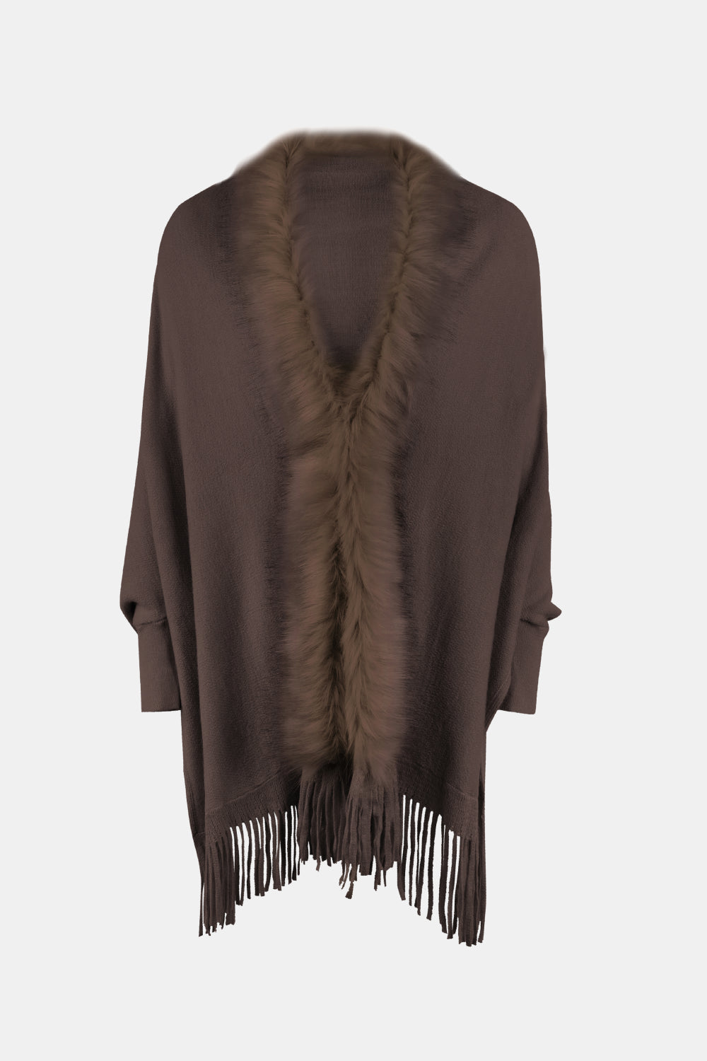 Fringe Open Front Long Sleeve Poncho - AMIN Clothing 