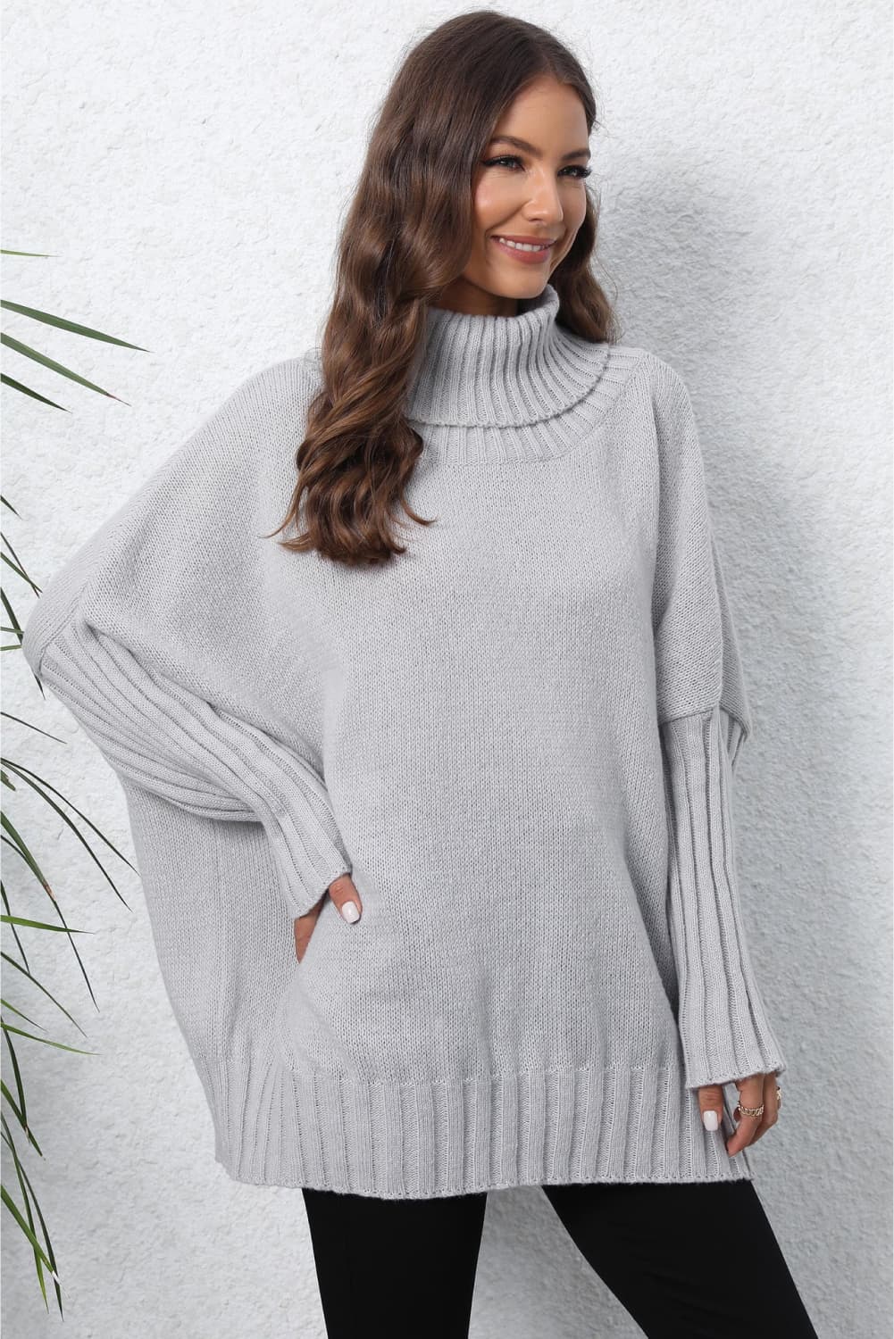 Turtle Neck Long Sleeve Ribbed Sweater - AMIN Clothing 