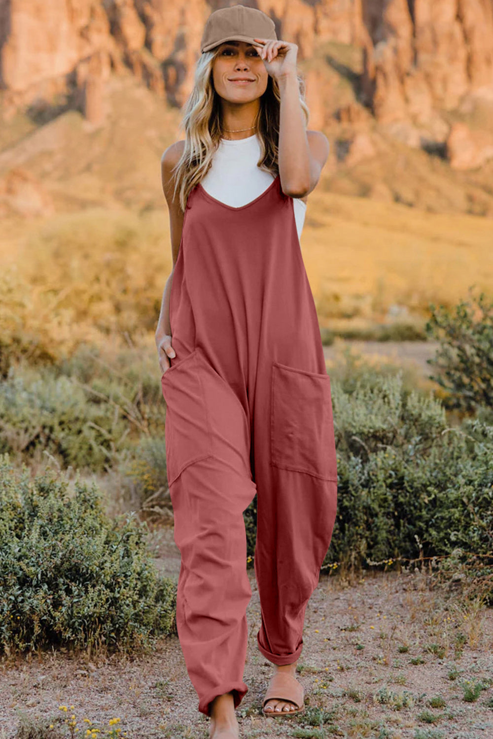 Double Take Full Size V-Neck Sleeveless Jumpsuit with Pockets - AMIN Clothing 