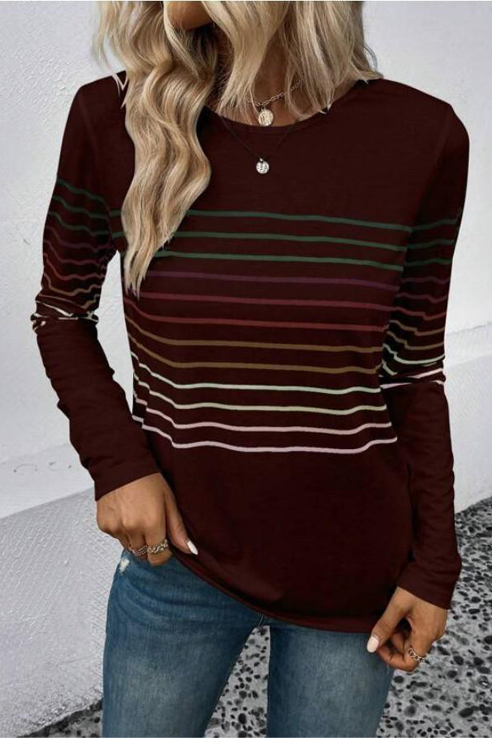 Striped Round Neck Long Sleeve T-Shirt - AMIN Clothing 