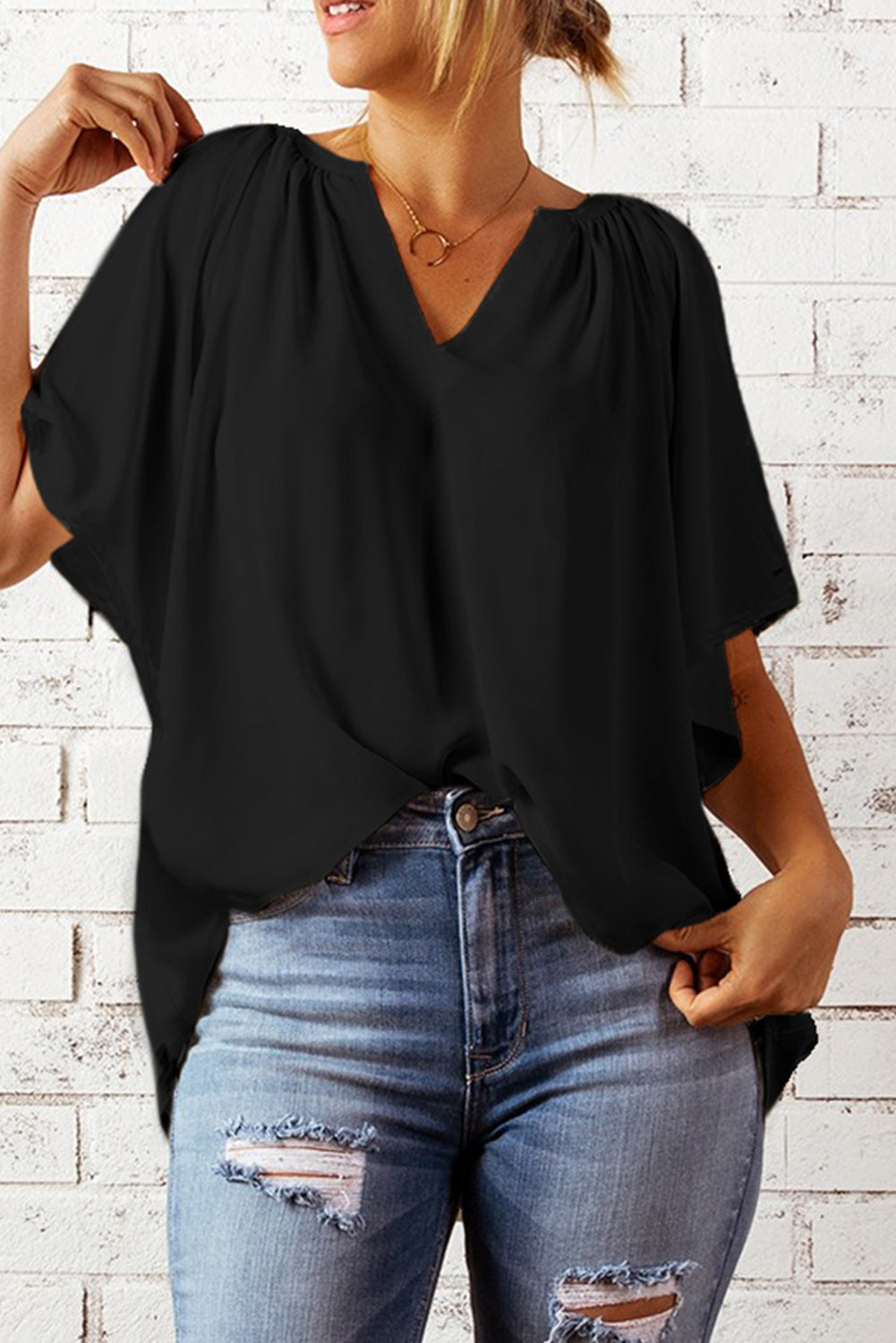 Gathered Detail Notched Neck Flutter Sleeve Top - AMIN Clothing 