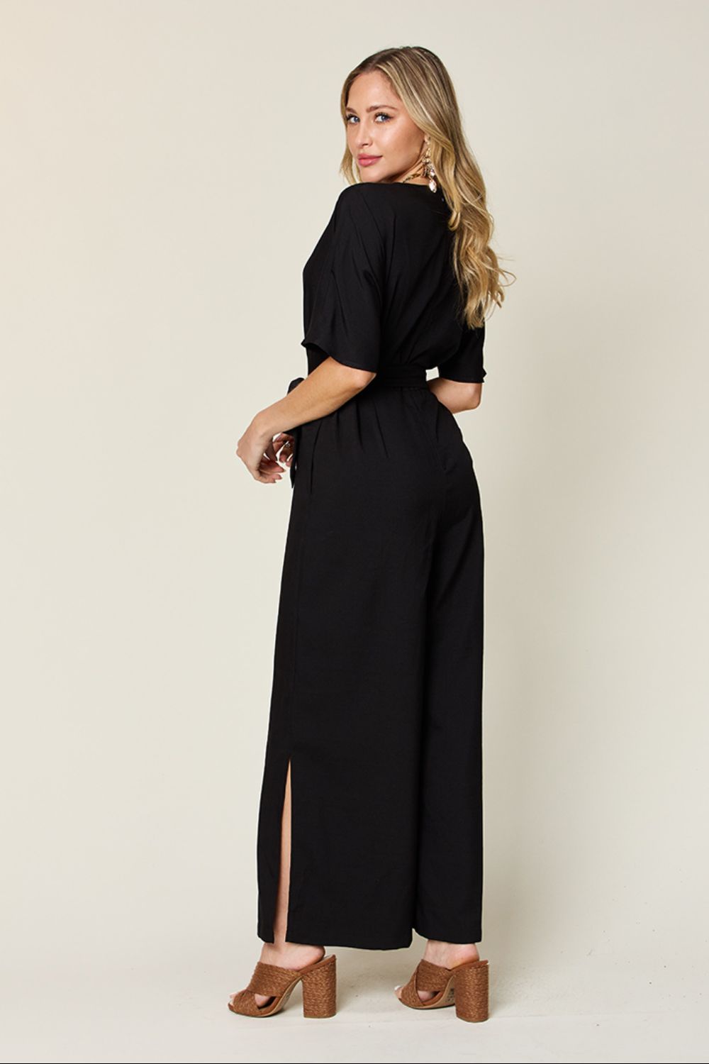 Double Take Full Size V-Neck Tied Side Slit Jumpsuit - AMIN Clothing 