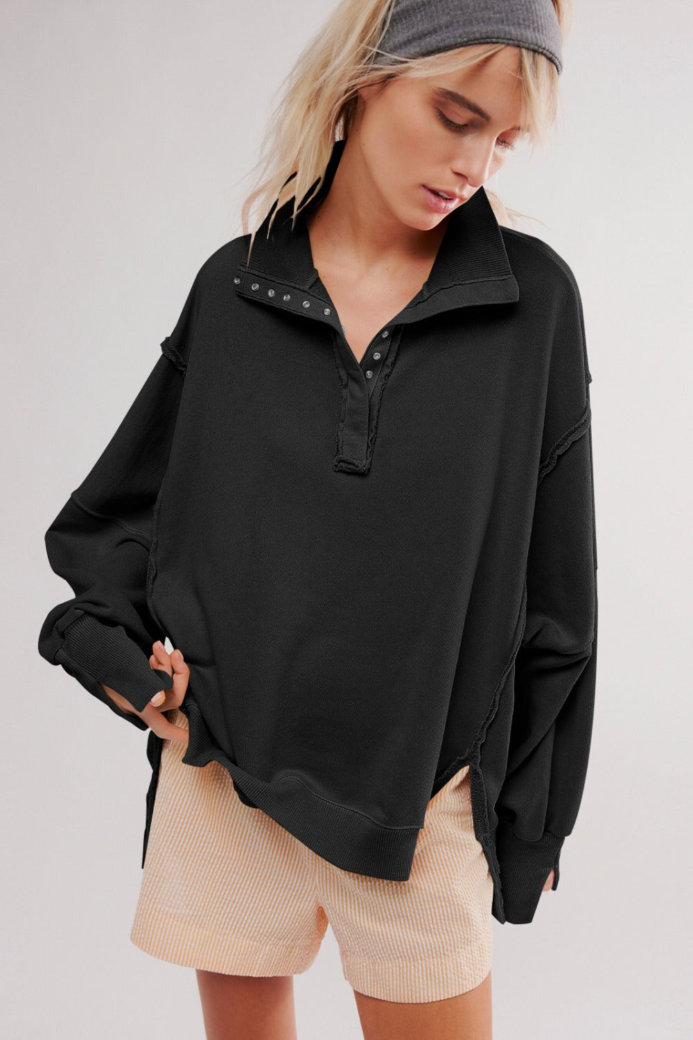 Exposed Seam Side Slit Long Sleeve Sweatshirt - AMIN Clothing 