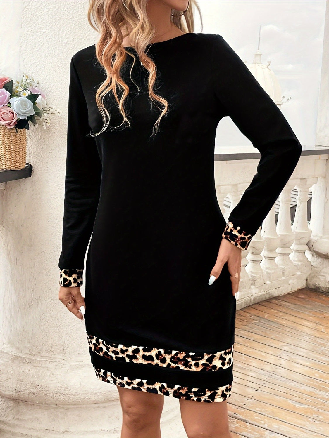 Leopard Trim Round Neck Long Sleeve Mini Dress - AMIN Clothing 