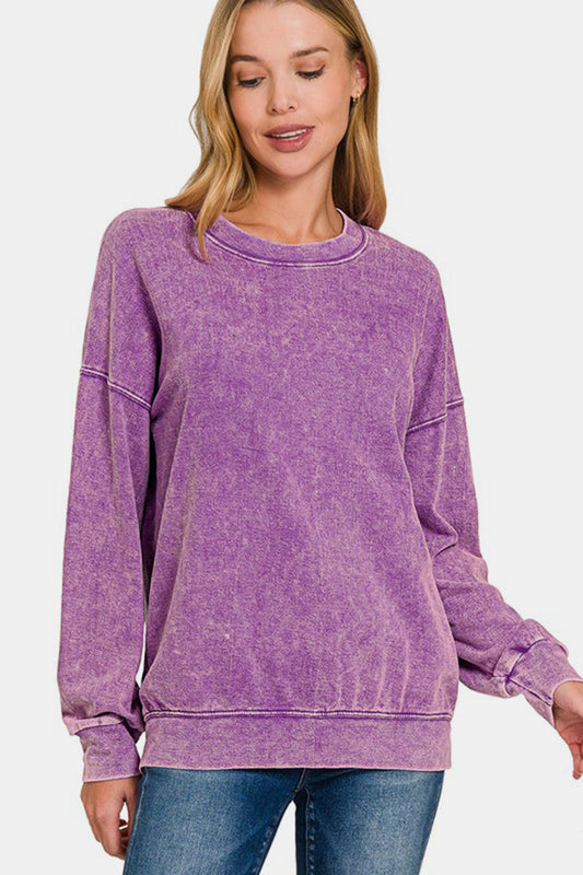 Zenana Washed Round Neck Dropped Shoulder Sweatshirt - AMIN Clothing 