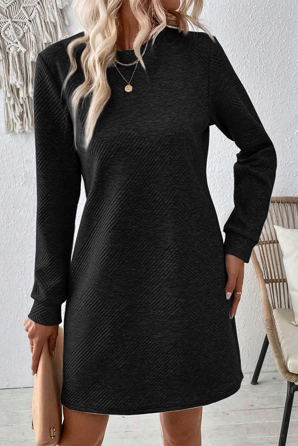 Textured Round Neck Long Sleeve Mini Dress - AMIN Clothing 