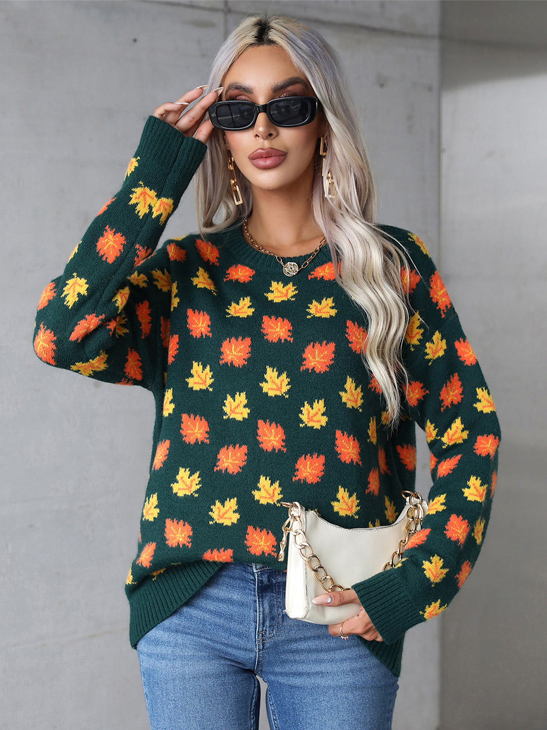 Angel Wings Maple Leaf Round Neck Long Sleeve Sweater - AMIN Clothing 