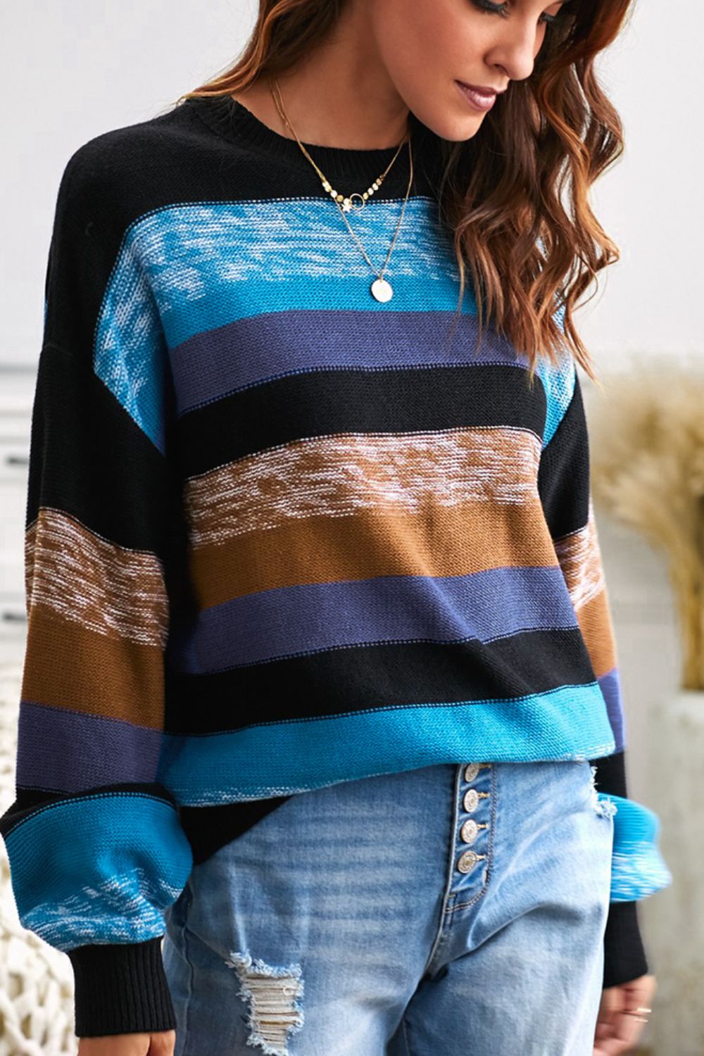 Contrast Striped Round Neck Drop Shoulder Sweater - AMIN Clothing 