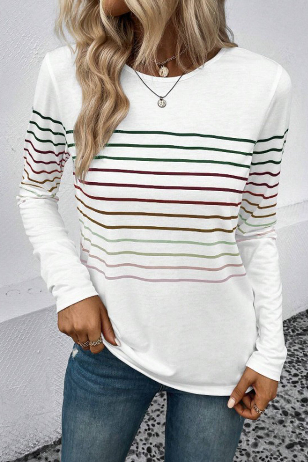 Striped Round Neck Long Sleeve T-Shirt - AMIN Clothing 