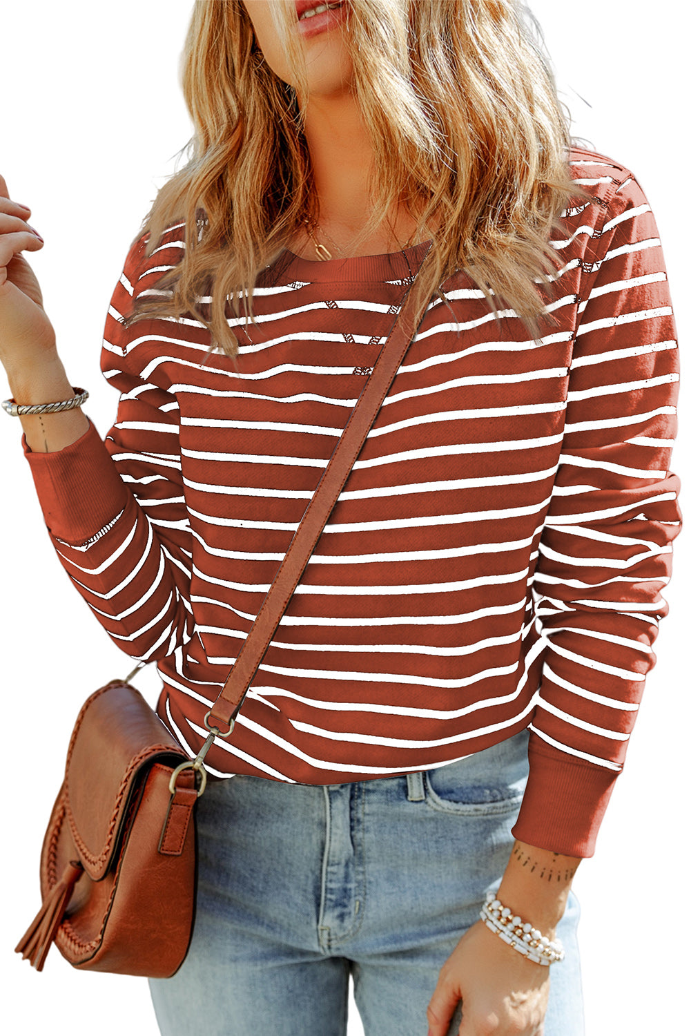 Striped Long Sleeve Round Neck Top - AMIN Clothing 