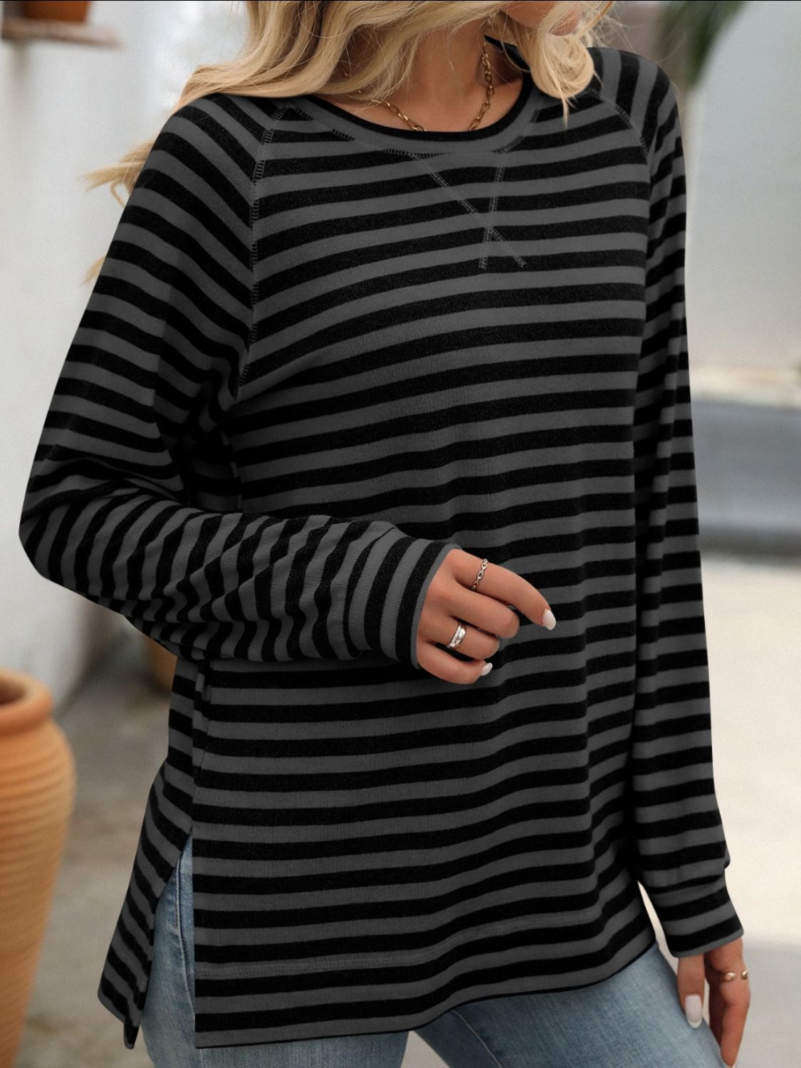 Mandy Striped Round Neck Long Sleeve T-Shirt - AMIN Clothing 