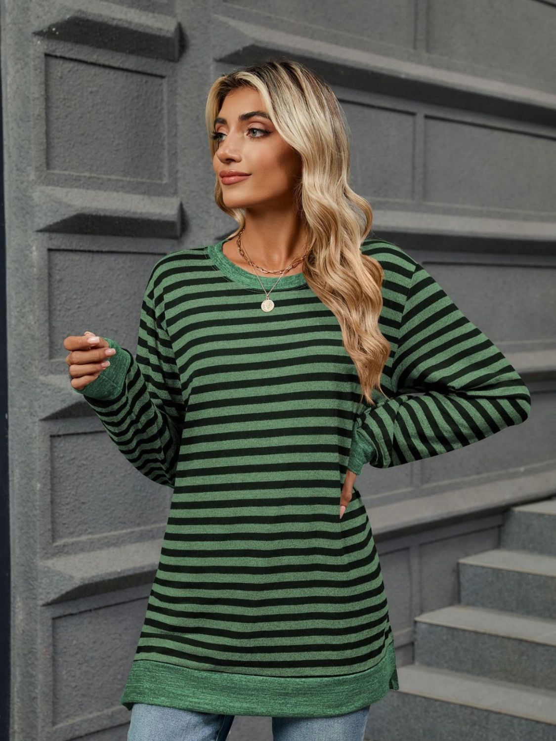 Striped Round Neck Long Sleeve T-Shirt - AMIN Clothing 