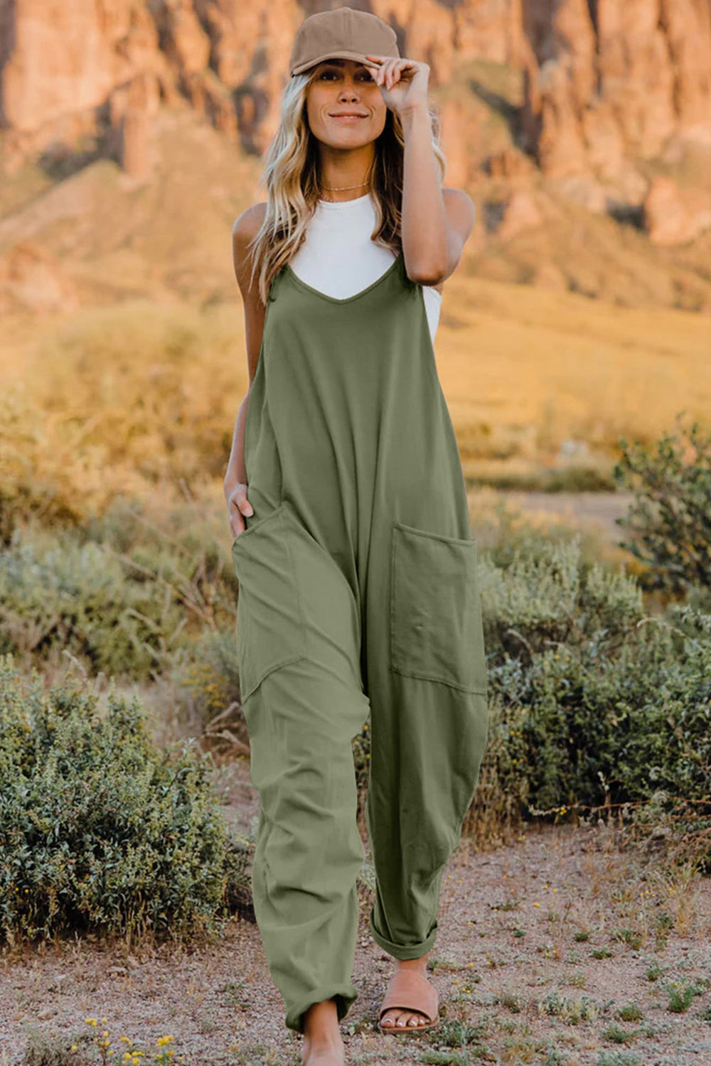 Double Take Full Size V-Neck Sleeveless Jumpsuit with Pockets - AMIN Clothing 