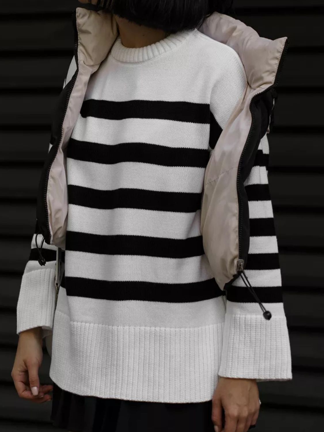 Slit Striped Round Neck Sweater - AMIN Clothing 