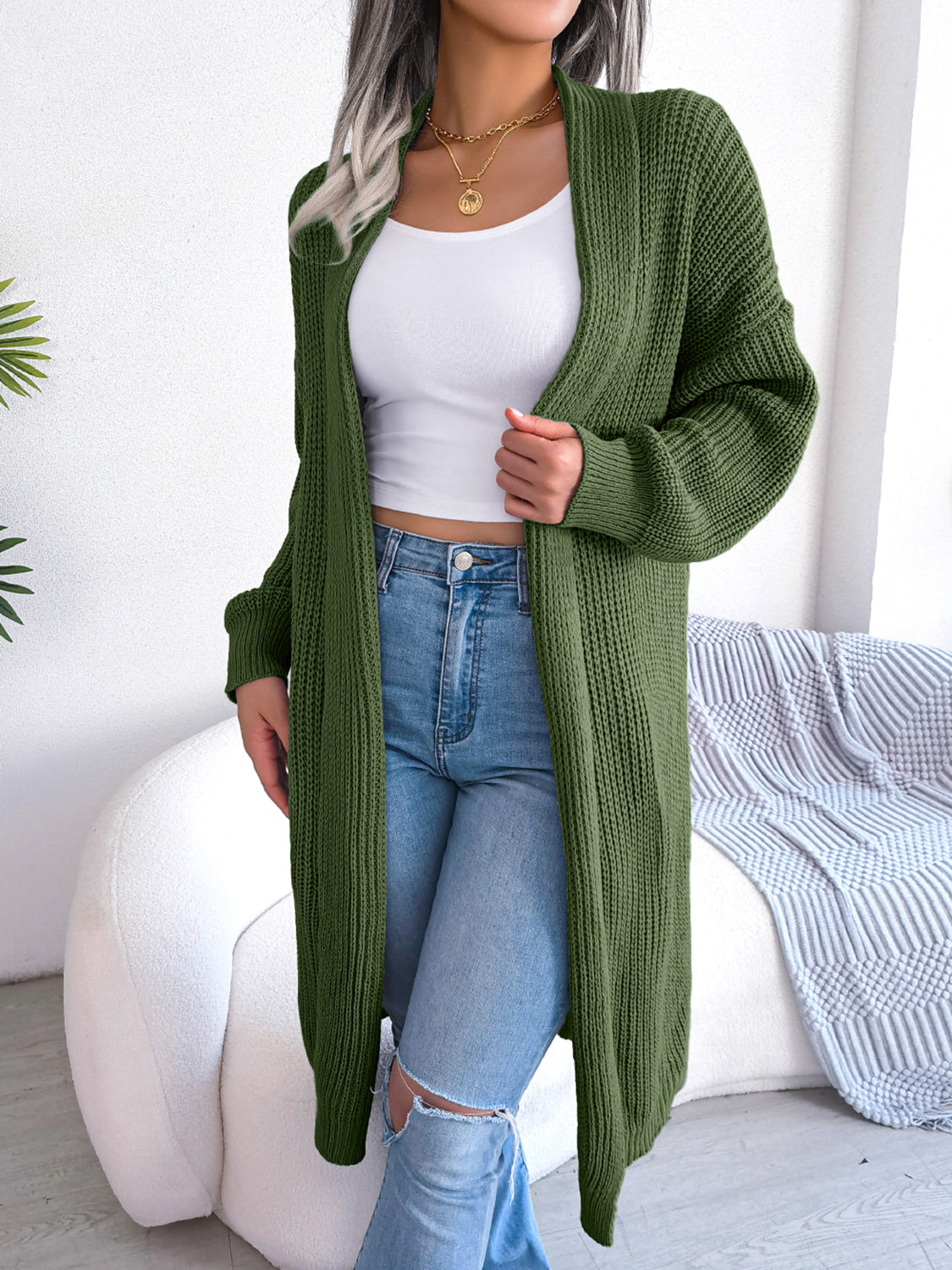 Open Front Dropped Shoulder Longline Cardigan - AMIN Clothing 