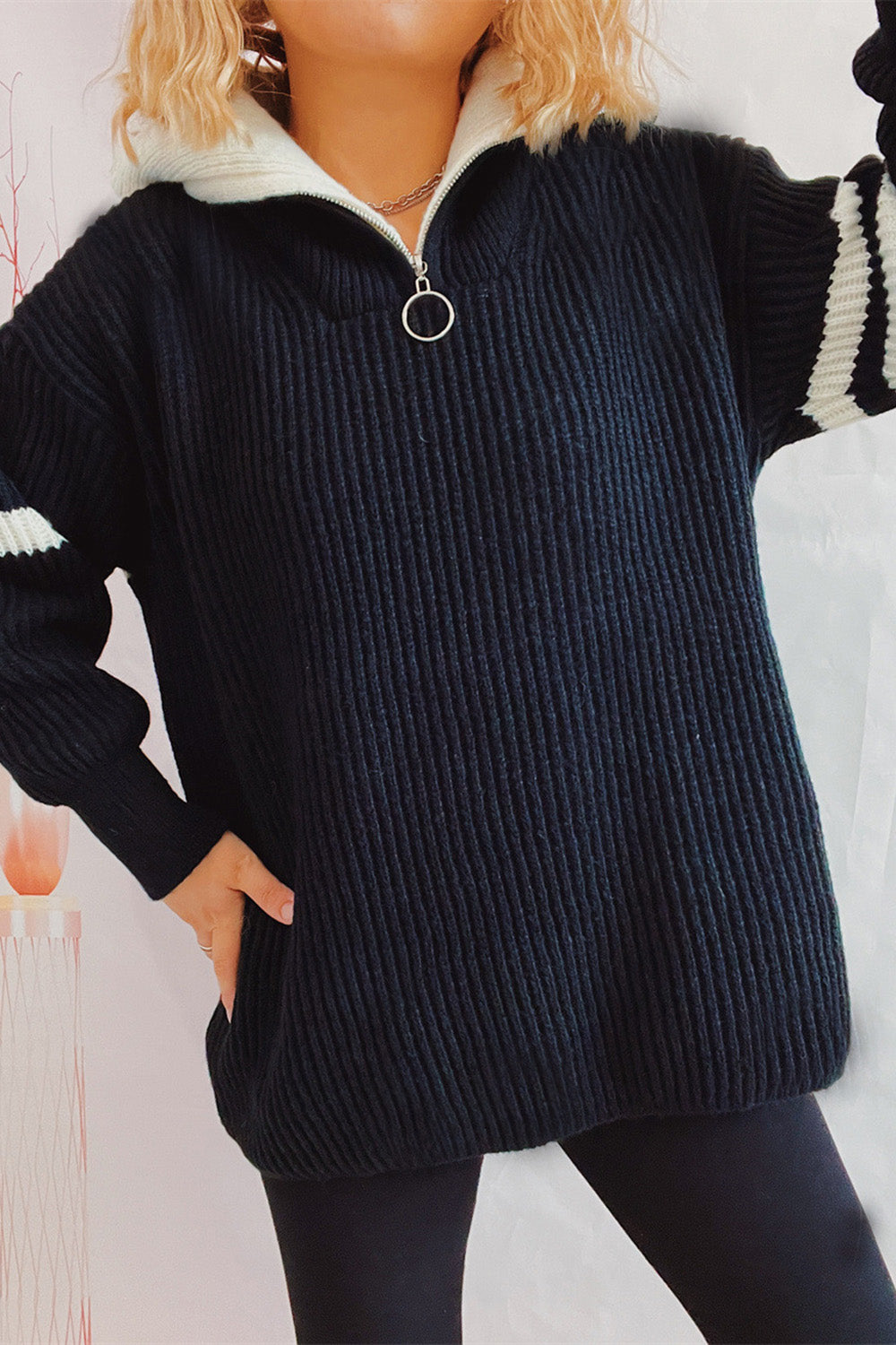 Quarter Zip Striped Dropped Shoulder Sweater - AMIN Clothing 