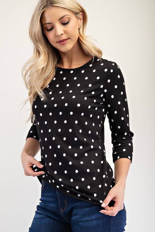 Celeste Full Size Polka Dot Round Neck Three-Quarter Sleeve T-Shirt - AMIN Clothing 