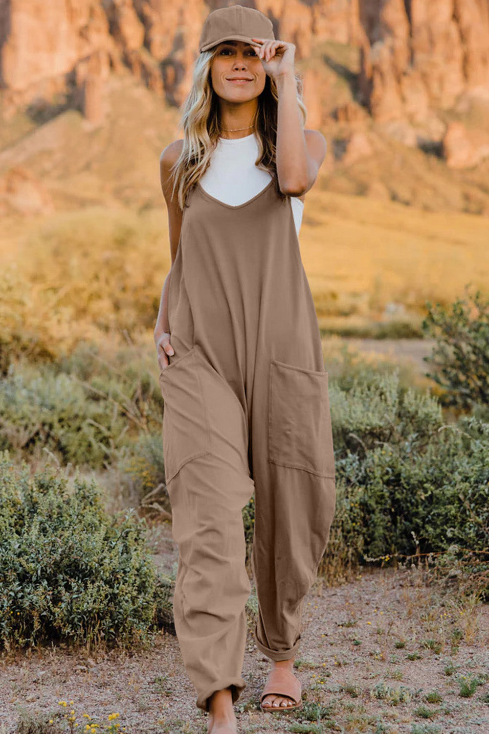 Double Take Full Size V-Neck Sleeveless Jumpsuit with Pockets - AMIN Clothing 