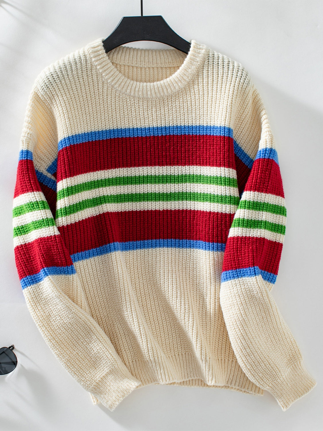 Contrast Stripes Round Neck Long Sleeve Sweater - AMIN Clothing 