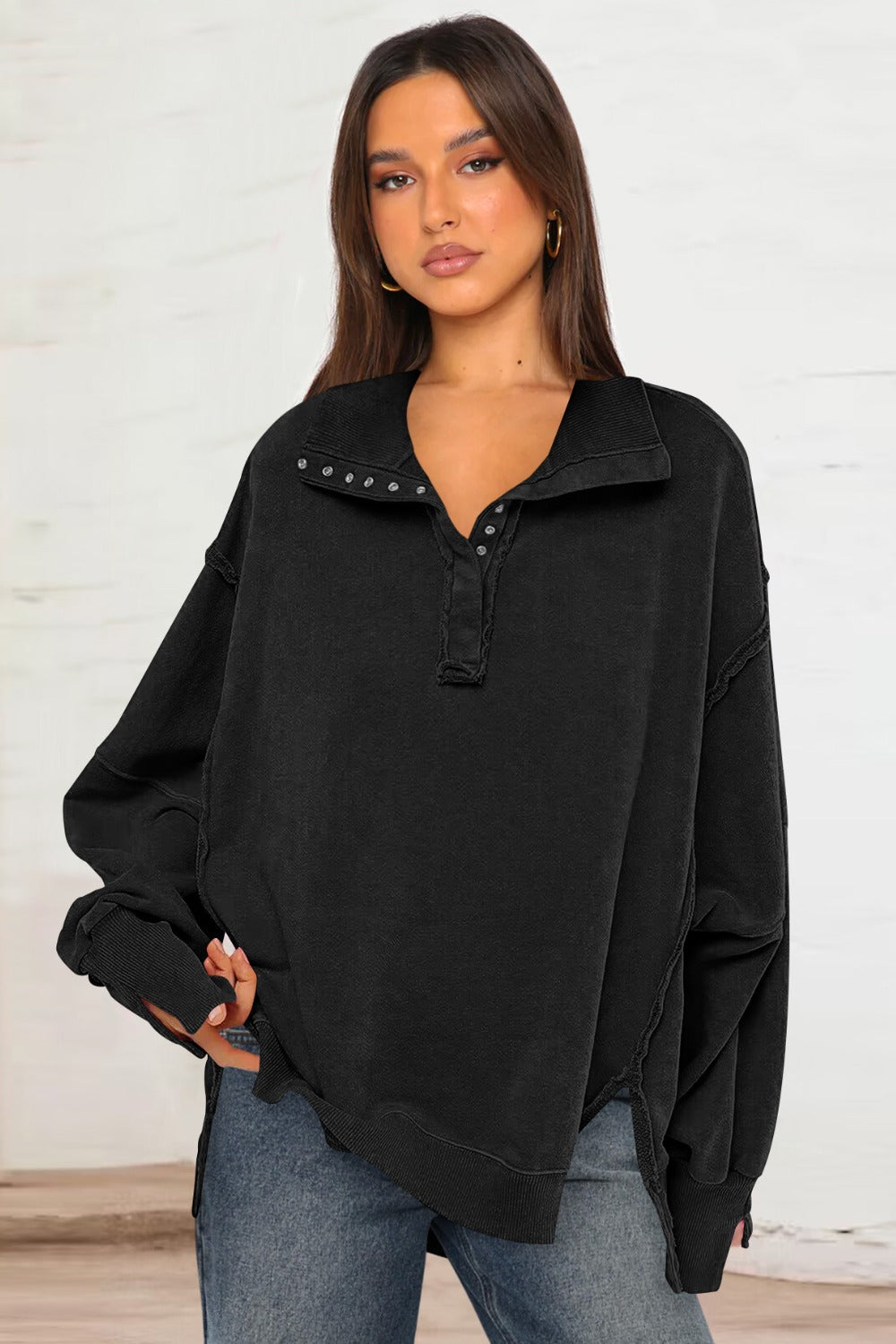 Exposed Seam Side Slit Long Sleeve Sweatshirt - AMIN Clothing 