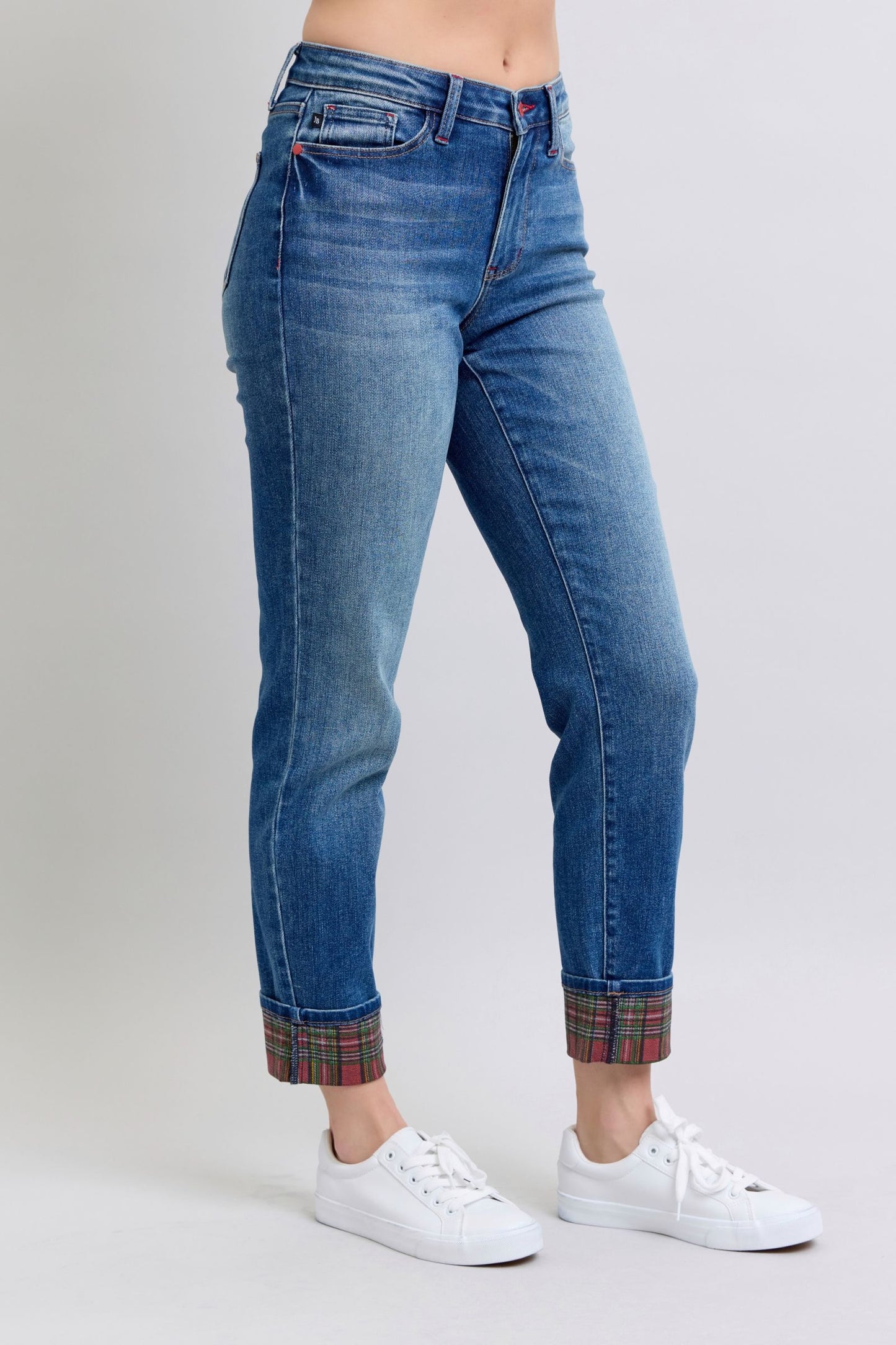 Judy Blue Full Size Plaid Print Cuff Straight Leg Jeans with Pockets - AMIN Clothing 