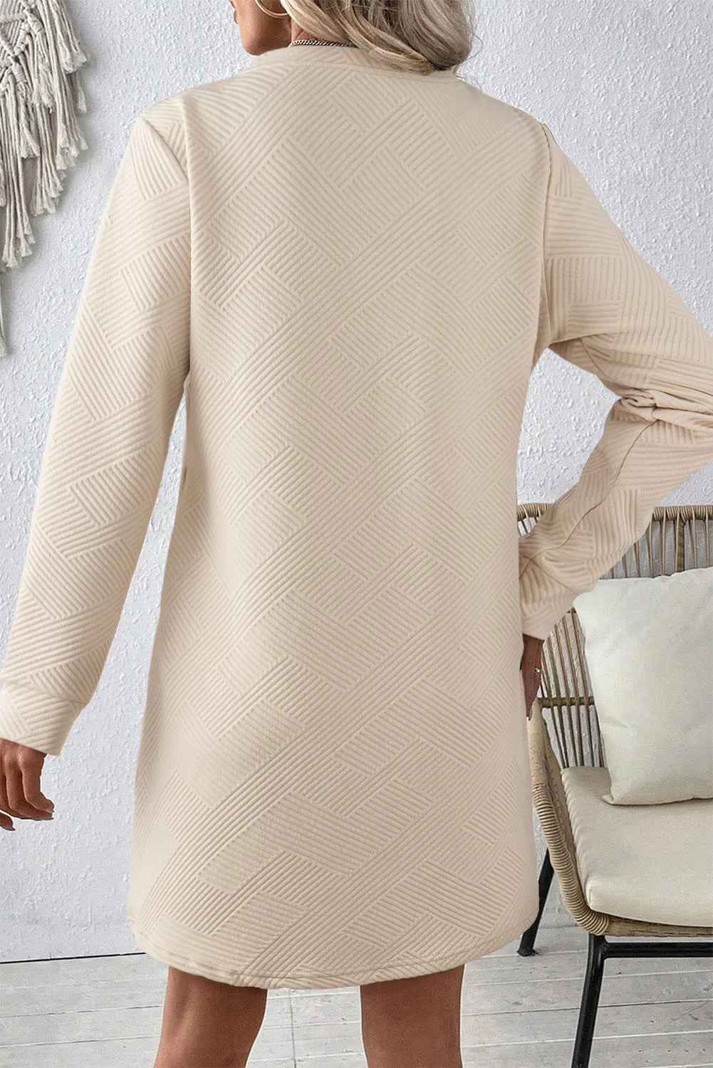 Textured Round Neck Long Sleeve Mini Dress - AMIN Clothing 