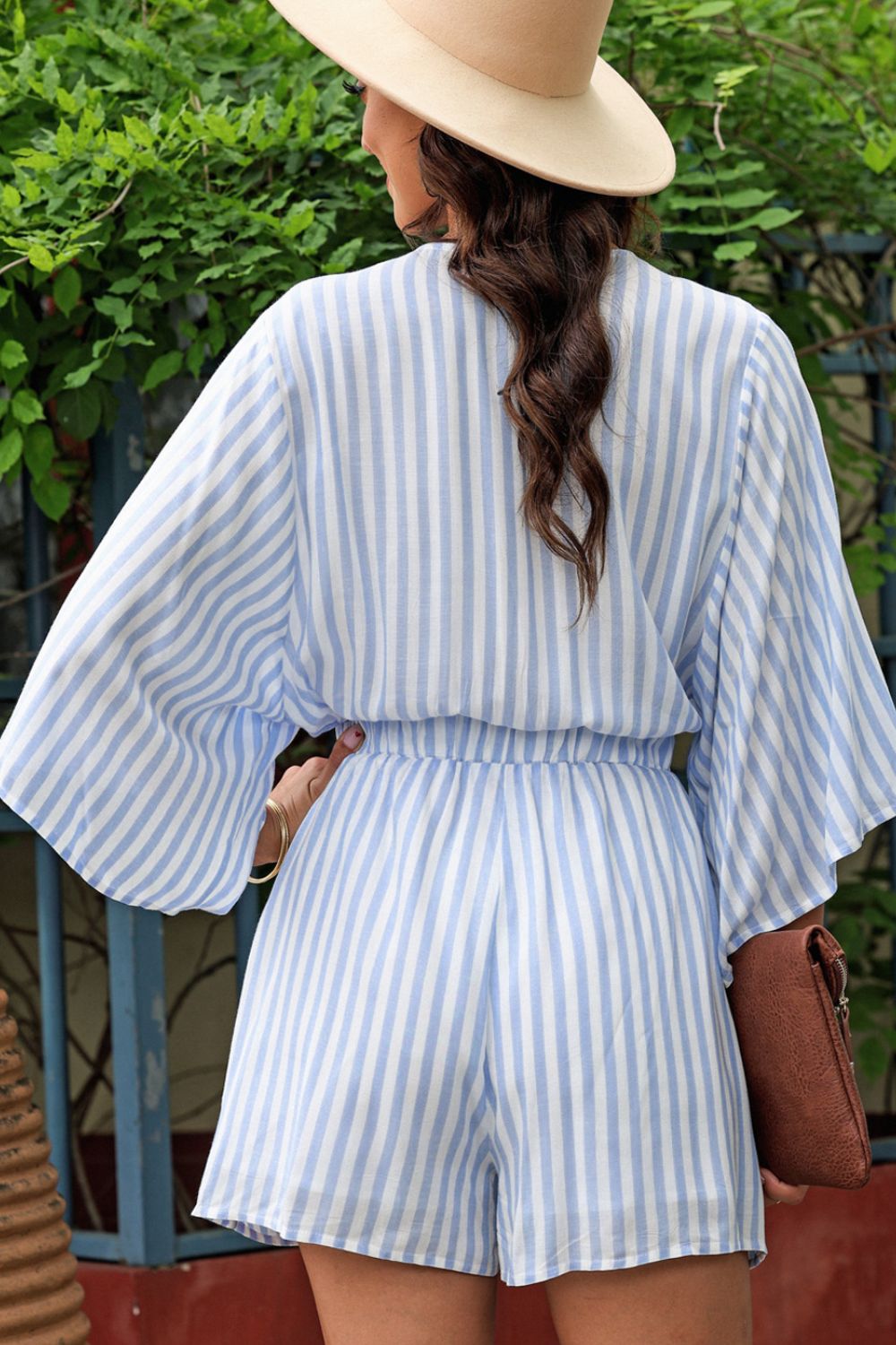 Bow Striped Kimono Sleeve Romper - AMIN Clothing 