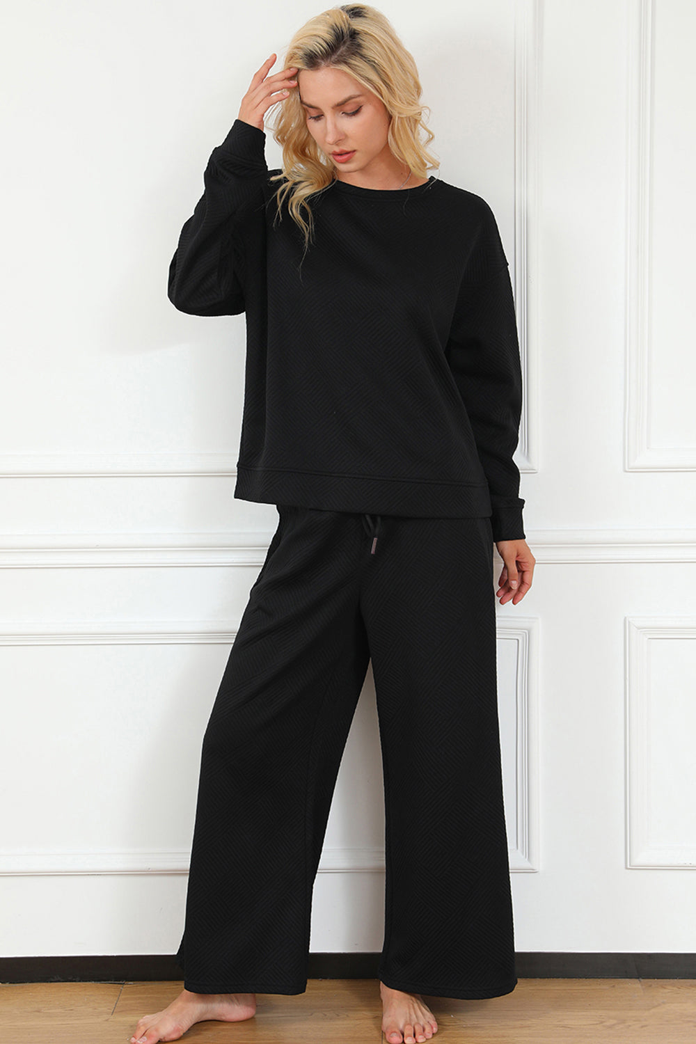 Double Take Full Size Textured Long Sleeve Top and Drawstring Pants Set - AMIN Clothing 