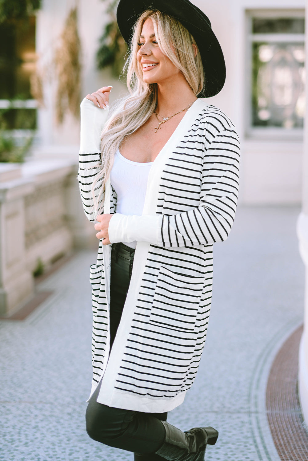 Striped Open Front Longline Cardigan - AMIN Clothing 