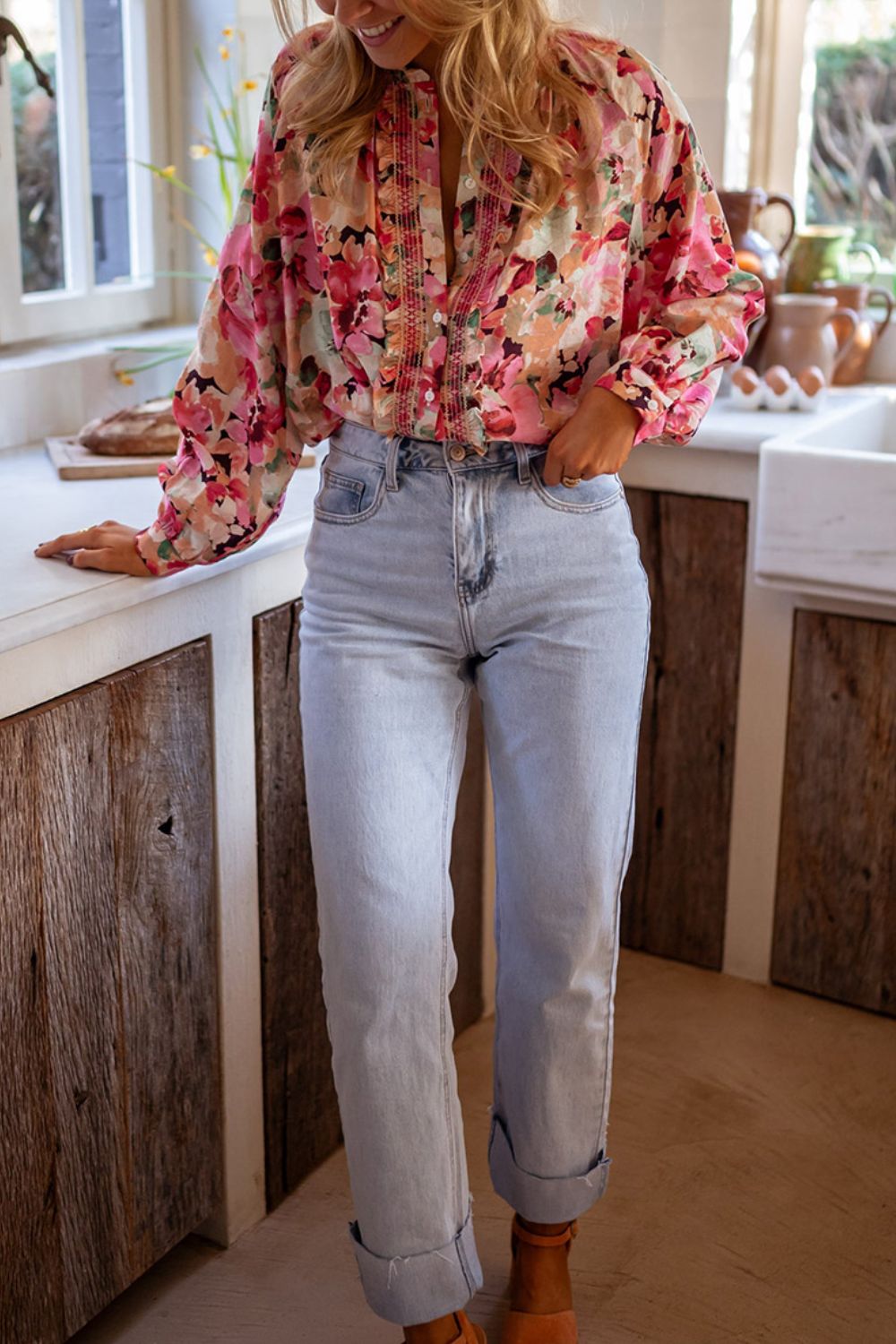 Frill Floral Button Down Long Sleeve Shirt - AMIN Clothing 