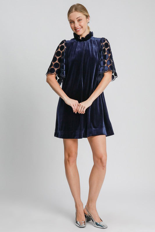 Umgee Dotted Lace Half Sleeve Mock Neck Back Tie Velvet Dress - AMIN Clothing 