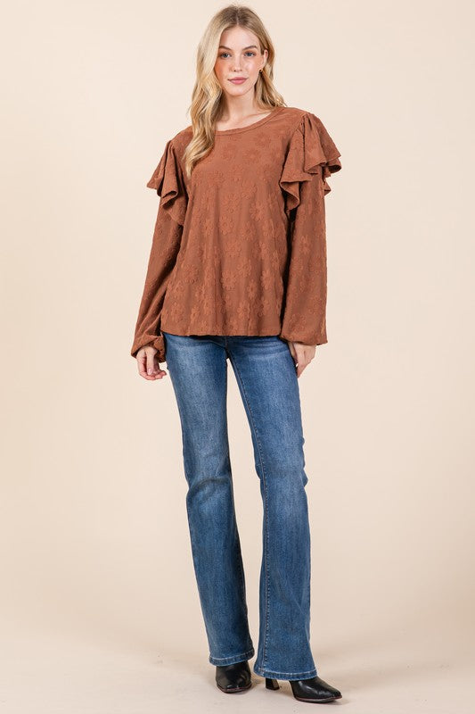 BOMBOM Ruffled Flower Round Neck Blouse - AMIN Clothing 