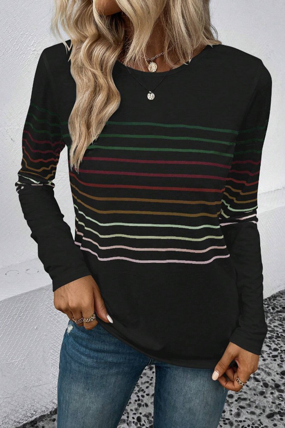 Striped Round Neck Long Sleeve T-Shirt - AMIN Clothing 