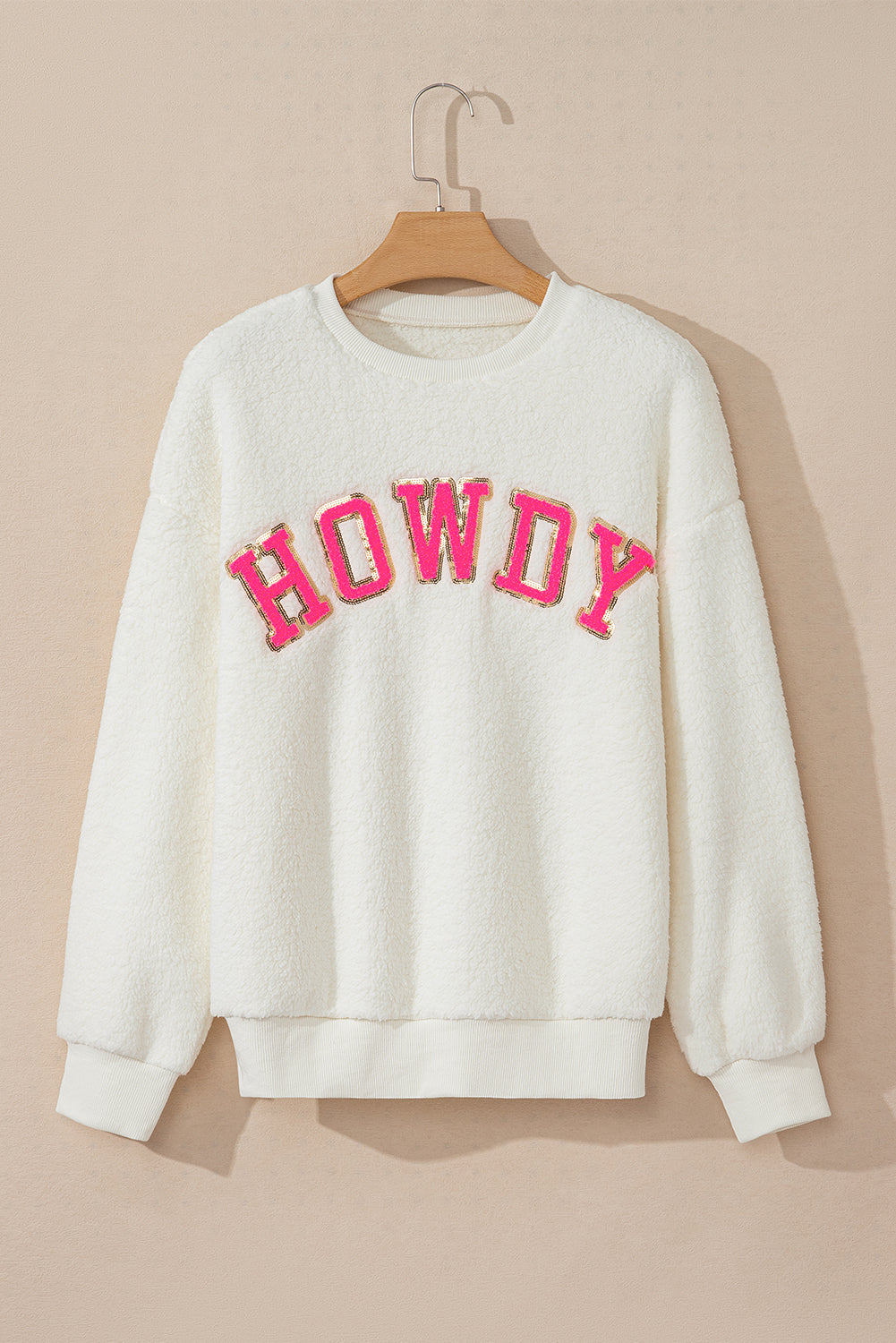 HOWDY Patched Round Neck Sherpa Sweatshirt - AMIN Clothing 