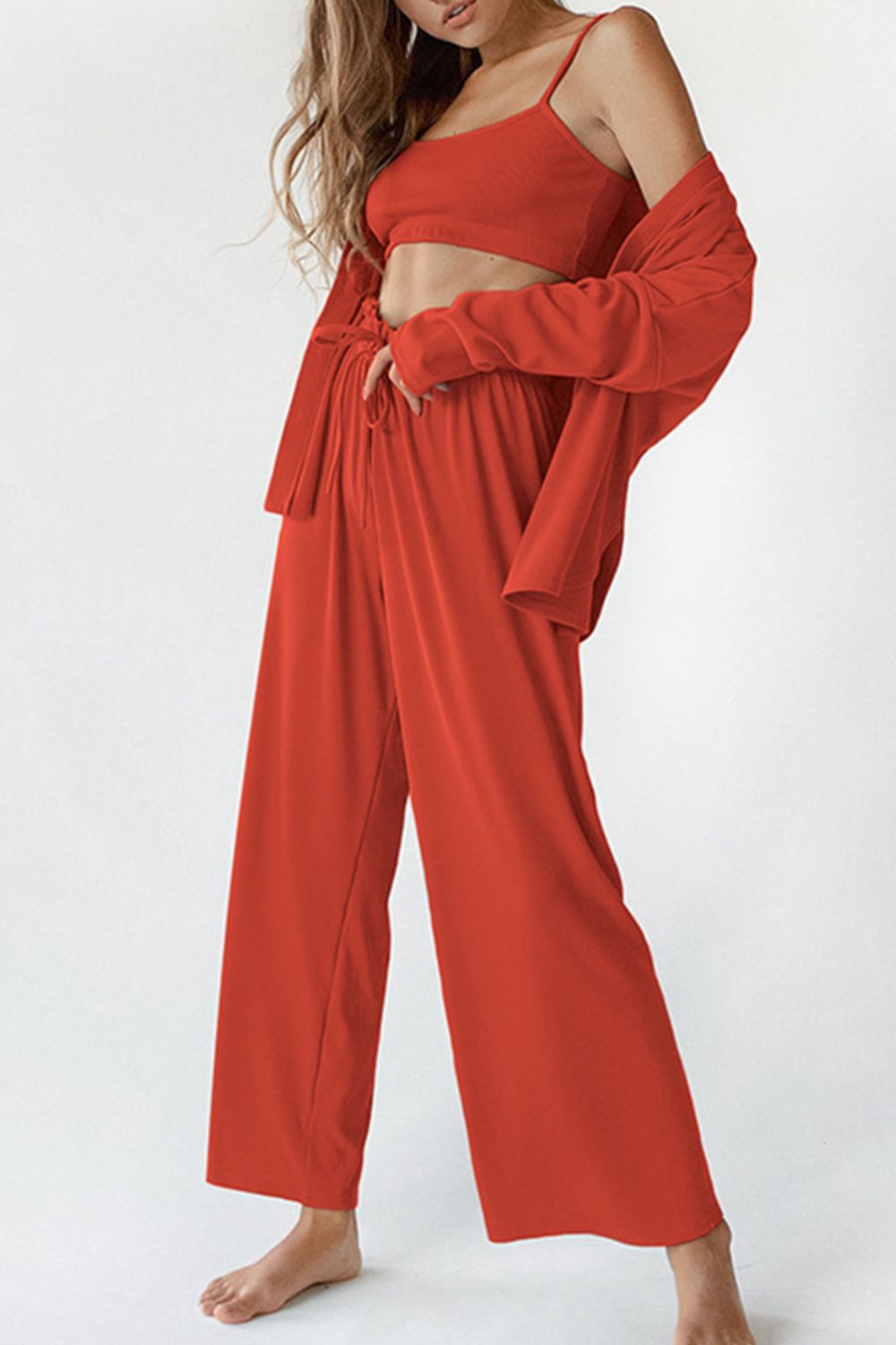 Spaghetti Strap Bra, Open Front Cardigan and Drawstring Pants Set - AMIN Clothing 