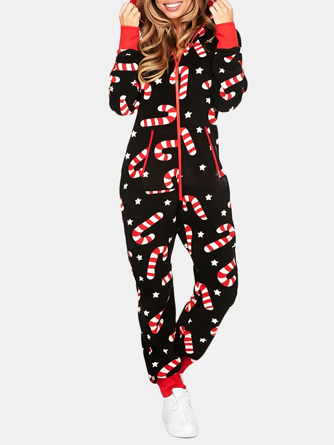 Printed Zip Up Long Sleeve Hooded Jumpsuit - AMIN Clothing 