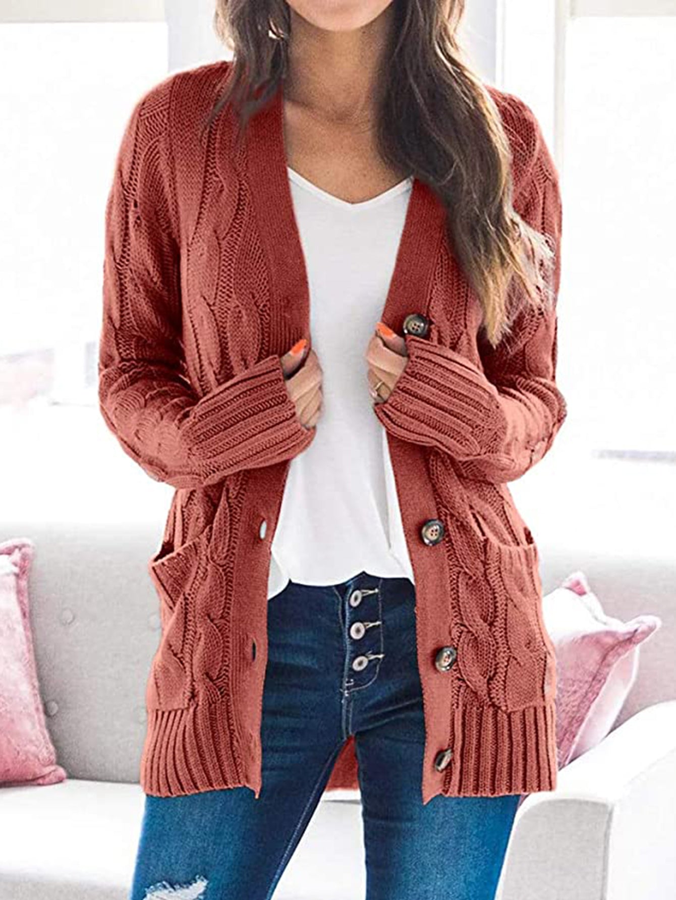 Cable-Knit Buttoned Cardigan with Pockets - AMIN Clothing 