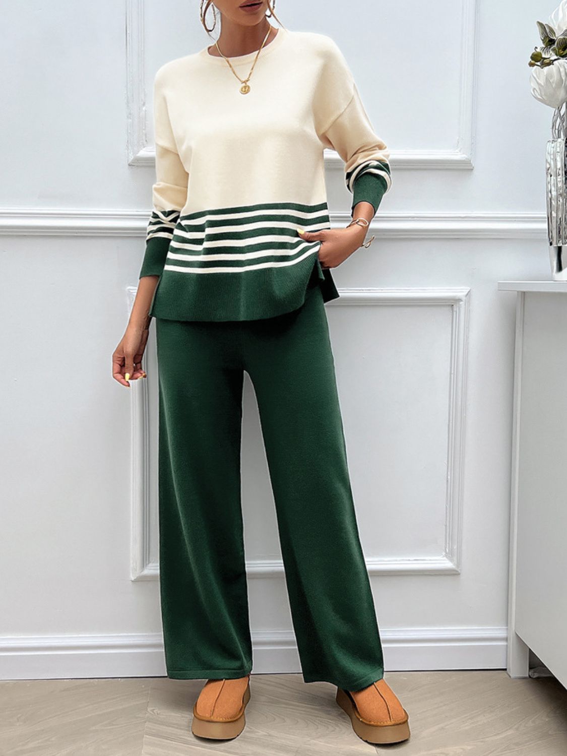 Devine Slit Striped Round Neck Top and Pants Sweater Set - AMIN Clothing 