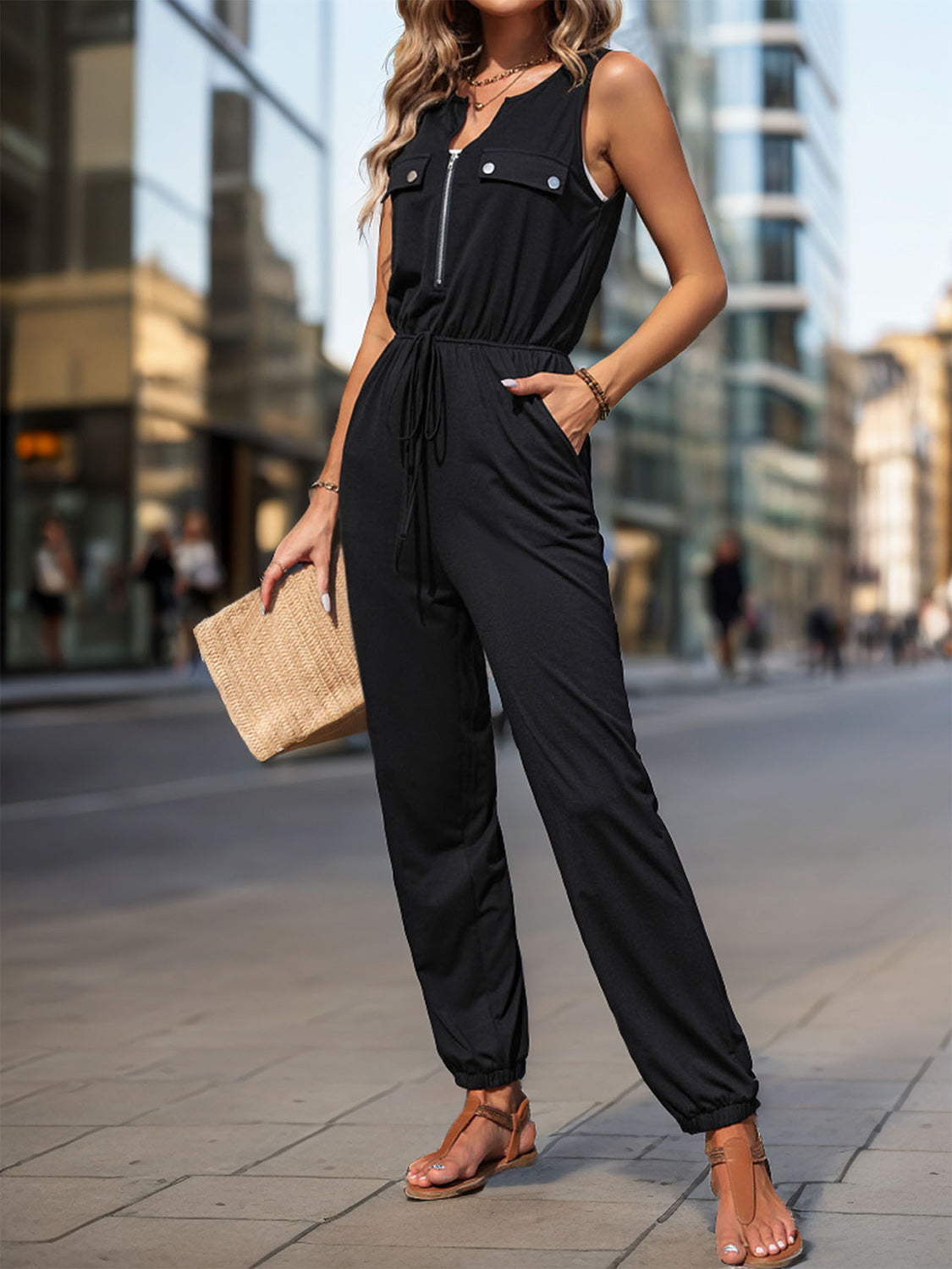 Perfee Half Zip Sleeveless Jumpsuit with Pockets - AMIN Clothing 