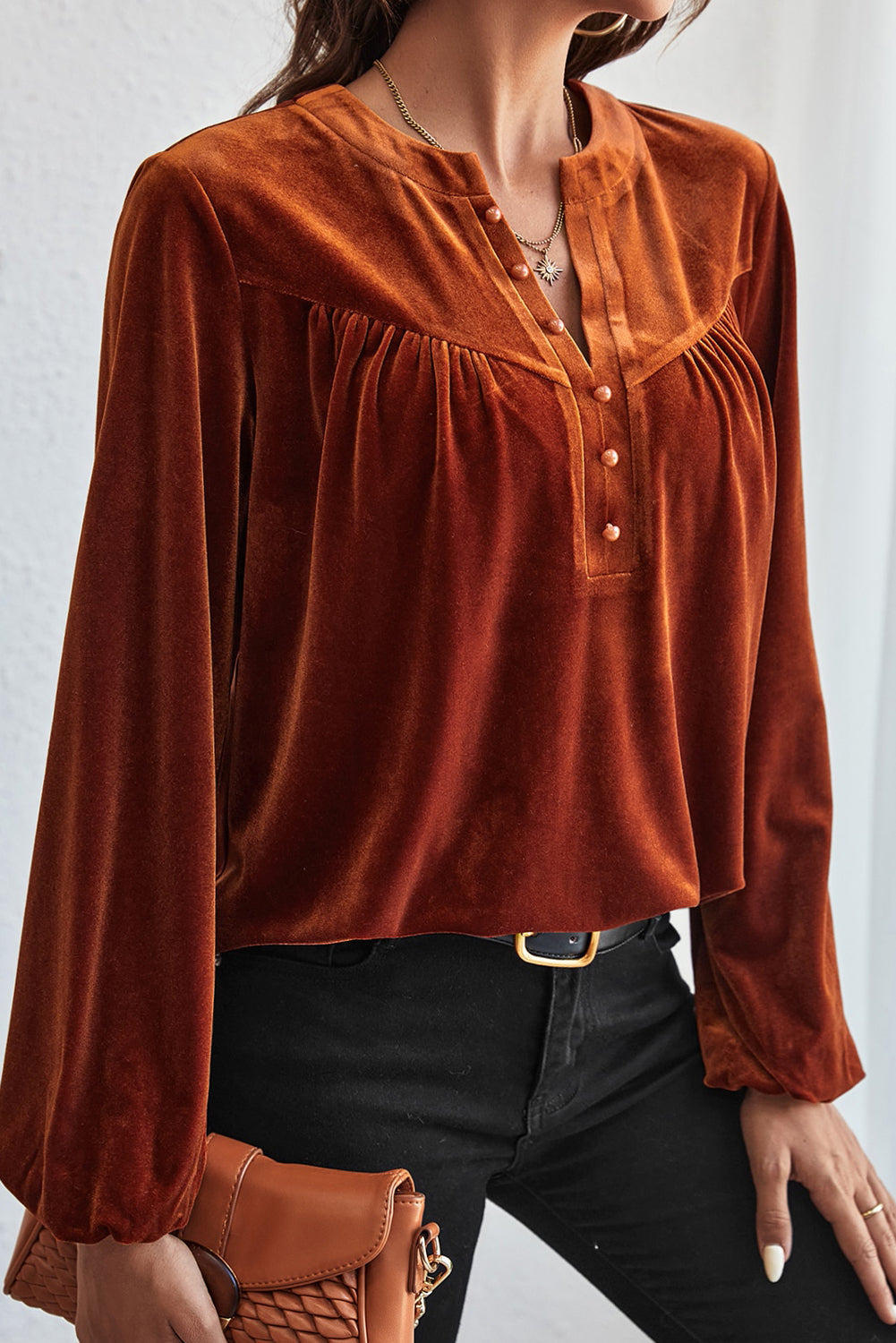 Ruched Decorative Button Notched Blouse - AMIN Clothing 