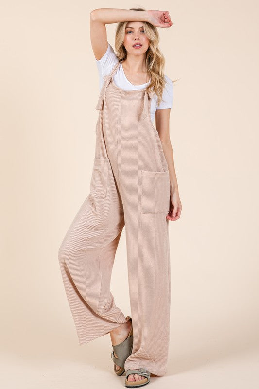 BOMBOM Knot Straps Wide Leg Ribbed Overalls with Pockets - AMIN Clothing 