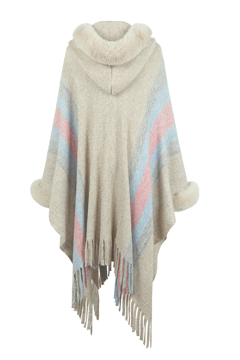 Color Block Fringe Detail Poncho - AMIN Clothing 