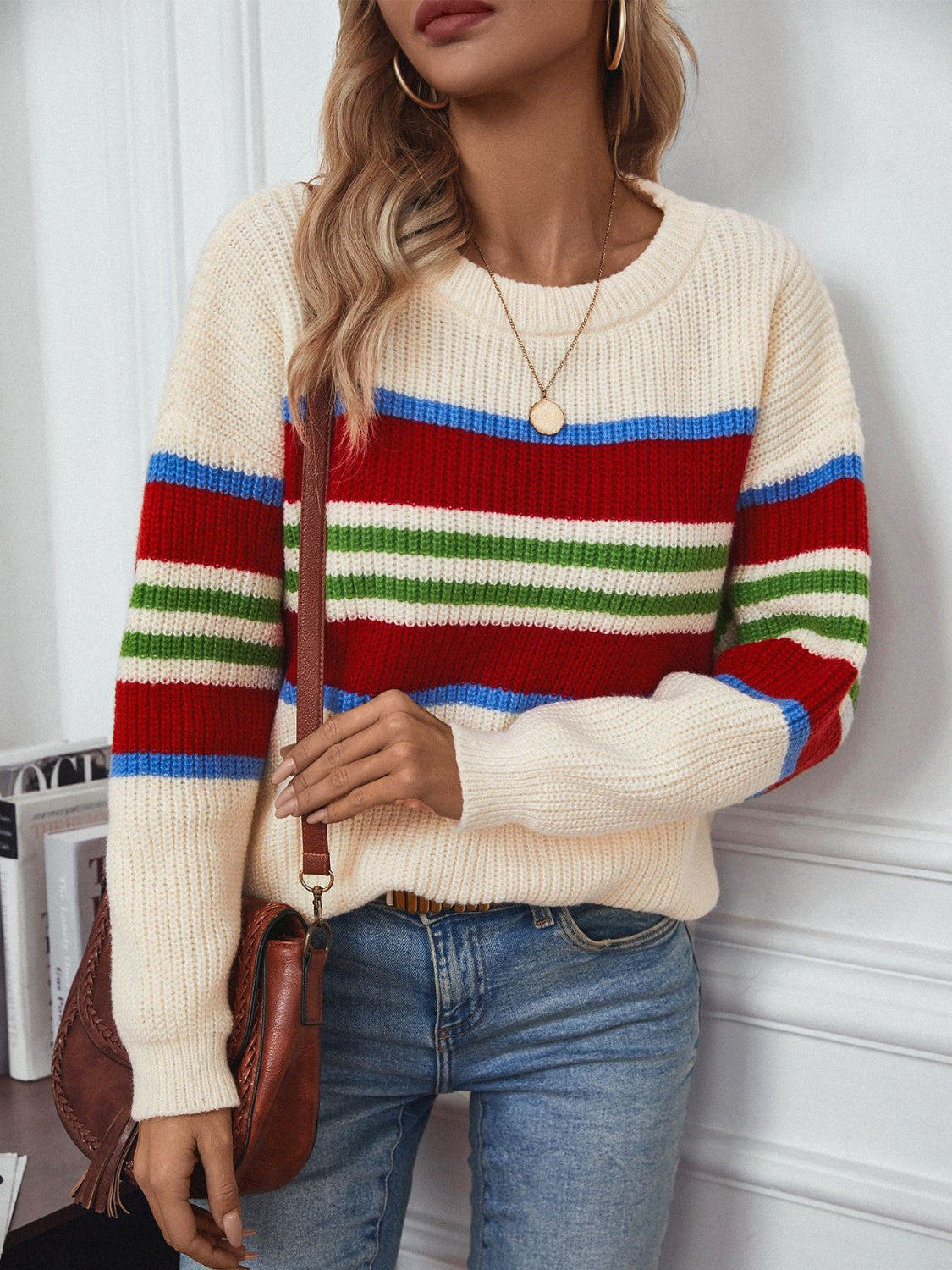 Contrast Stripes Round Neck Long Sleeve Sweater - AMIN Clothing 