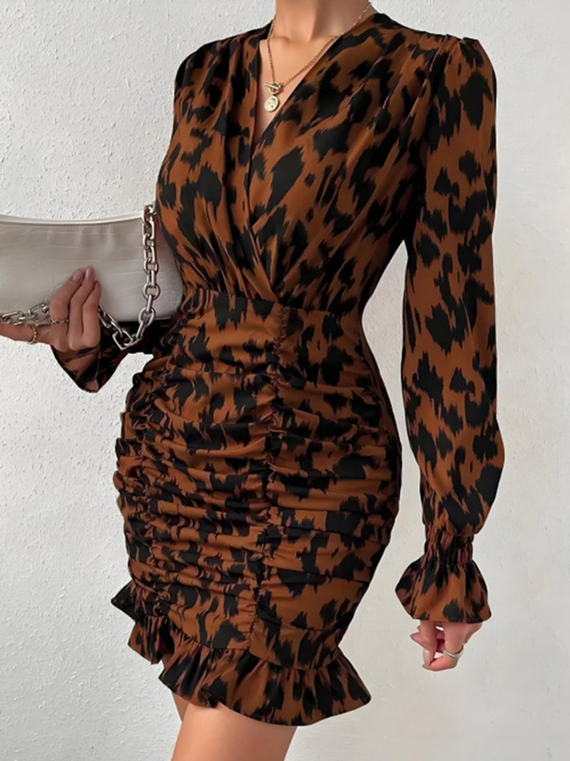 Ruched Ruffled Leopard Surplice Long Sleeve Dress - AMIN Clothing 