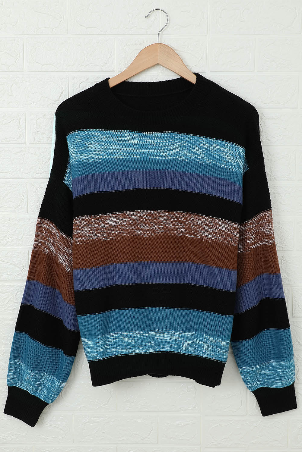 Contrast Striped Round Neck Drop Shoulder Sweater - AMIN Clothing 