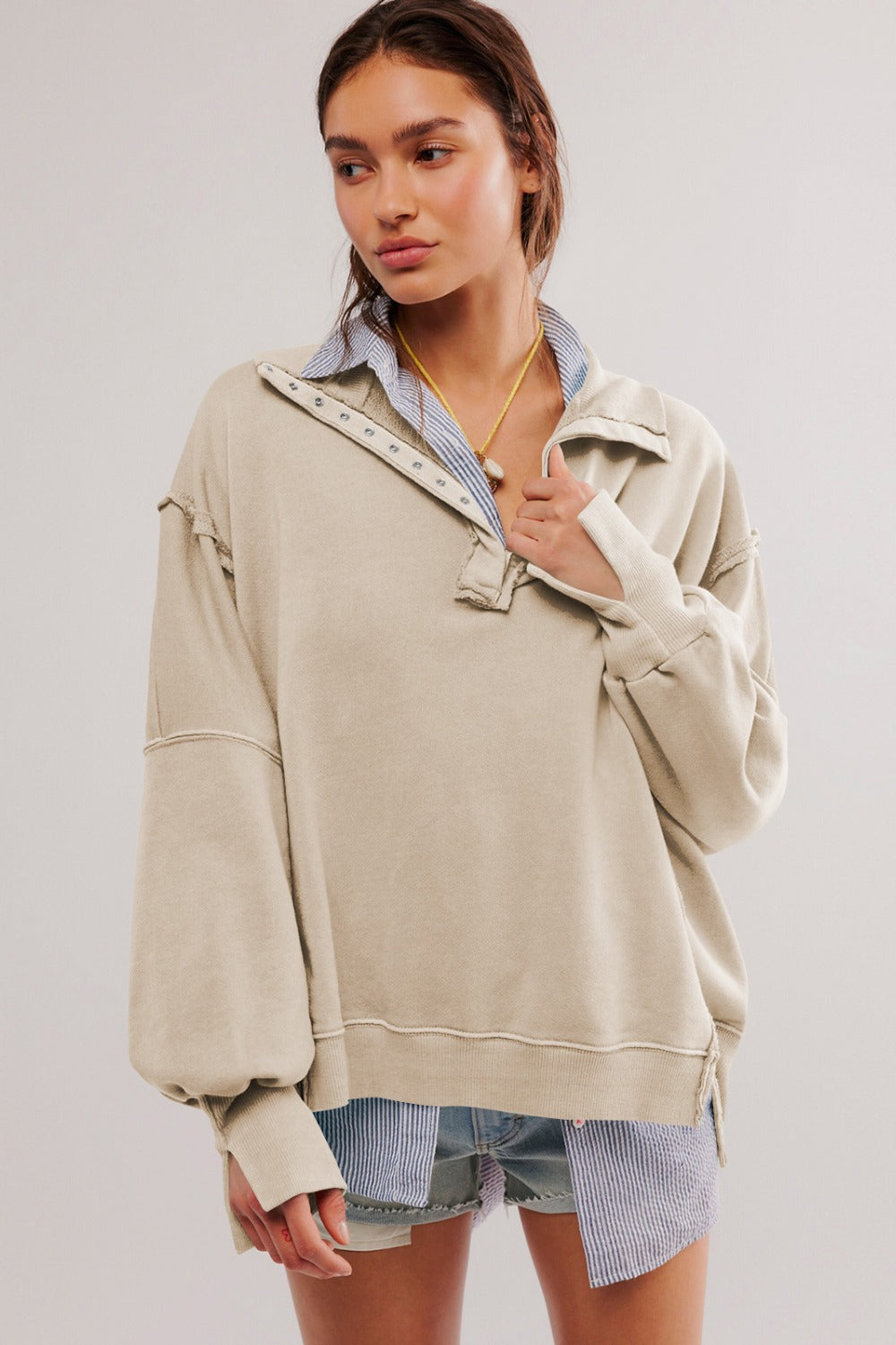 Exposed Seam Side Slit Long Sleeve Sweatshirt - AMIN Clothing 