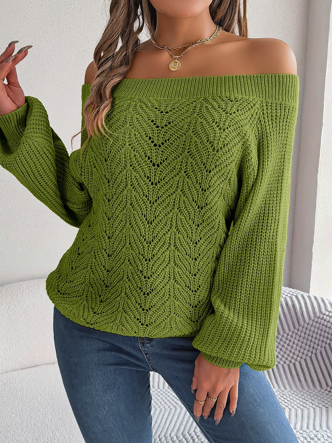 Openwork Off-Shoulder Long Sleeve Sweater - AMIN Clothing 