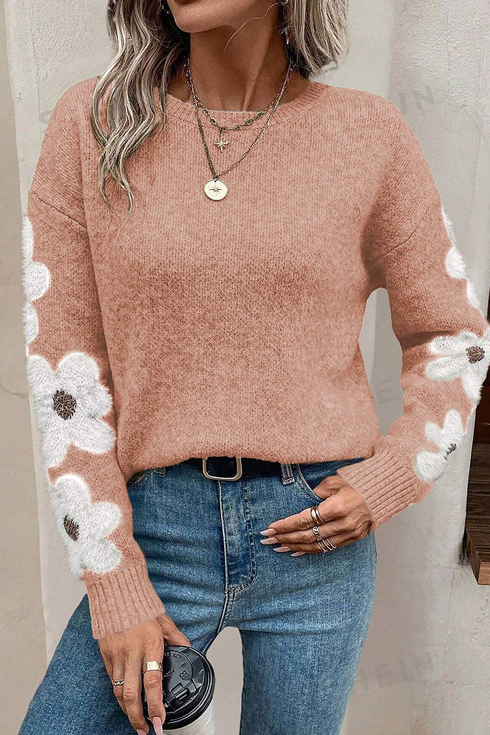 Flower Round Neck Long Sleeve Sweater - AMIN Clothing 